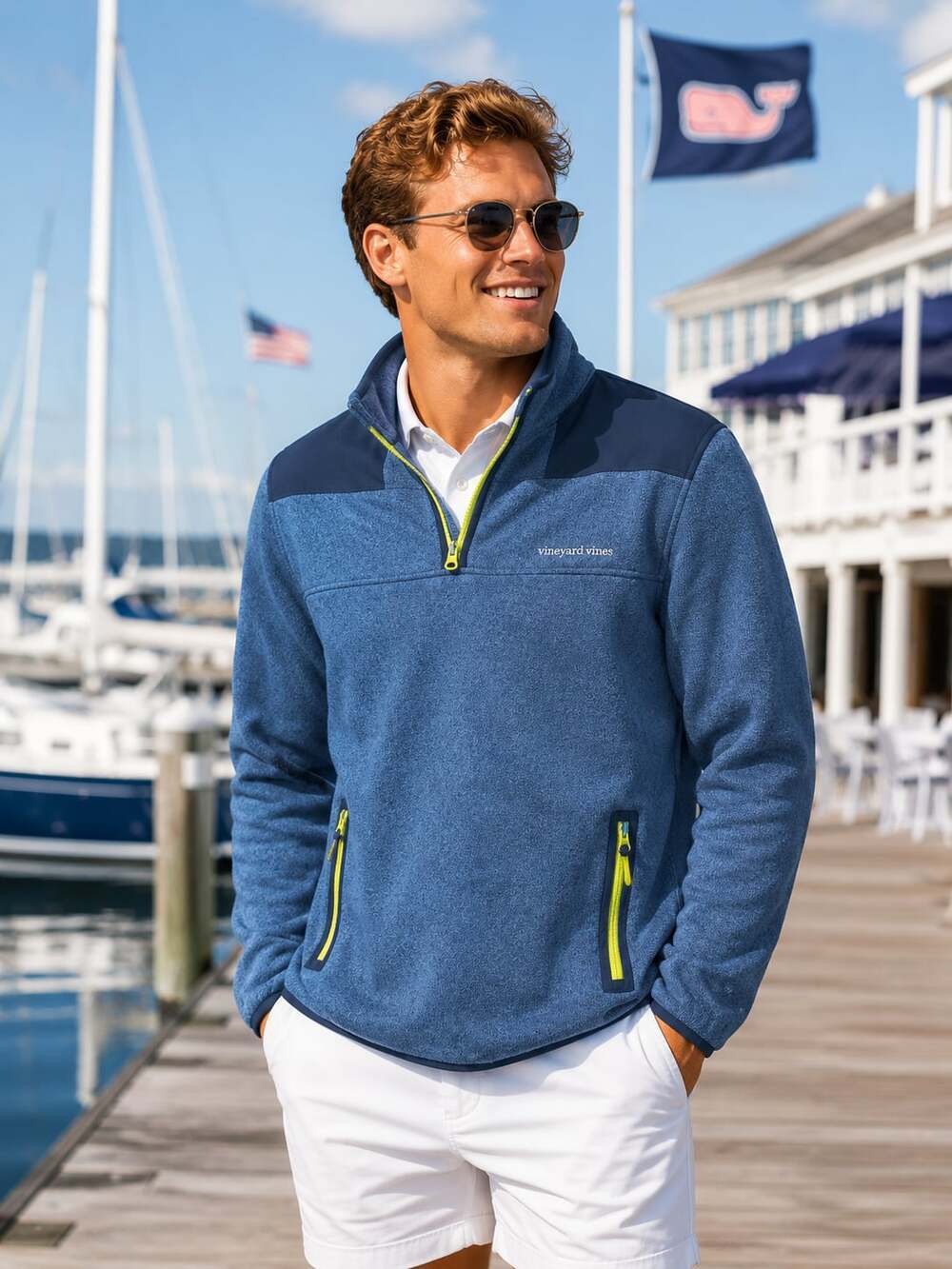 Vineyard Vines Mens M Blue Quarter Zip Fleece Pullover Coastal Preppy